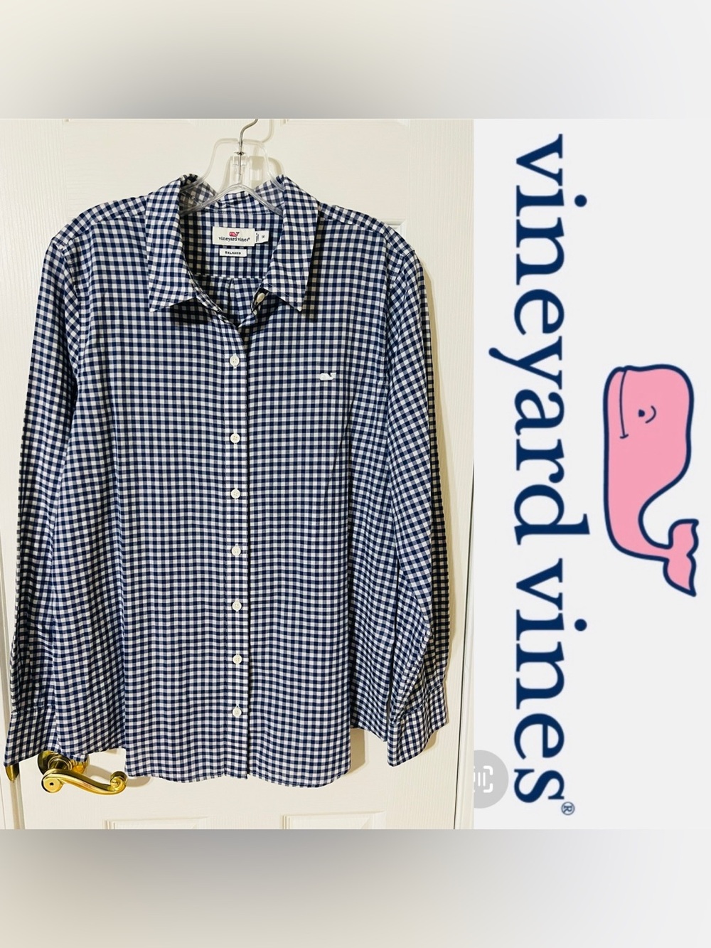 Vineyard Vines Navy/White Gingham Relaxed Fit Button Down Long Sleeve Top-Sz 14